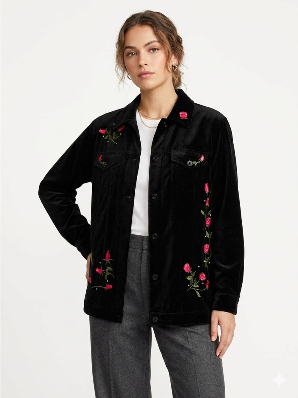 Quacker Factory Shacket Rose Embroidered Rhinestone Velvet Black Medium - Picture 1 of 12